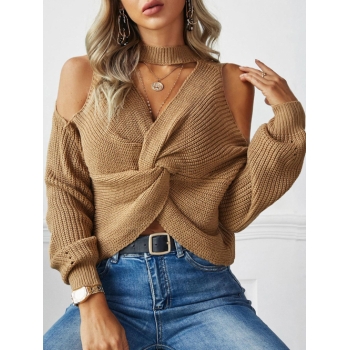 Women ZAFUL Choker Twisted Cold Shoulder Jumper Sweater M Light coffee