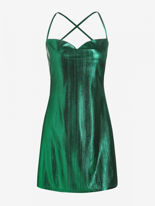 Mini Dress ZAFUL Metallic Backless Criss Cross Party Dress S Green