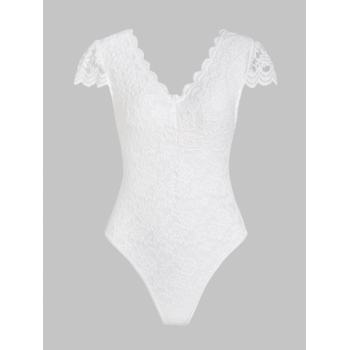 Women Bodysuits Scalloped Edge Lace Cap Sleeve Bodysuit M White