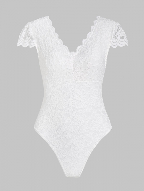 Women Bodysuits Scalloped Edge Lace Cap Sleeve Bodysuit M White