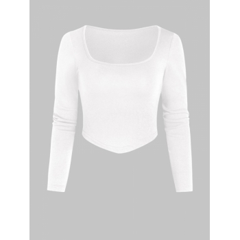 Fashion Women Tees Women U Neck Breathable Crop Top Curved Hem Stretch Long Sleeves Slim fit Versatile Shirt L White