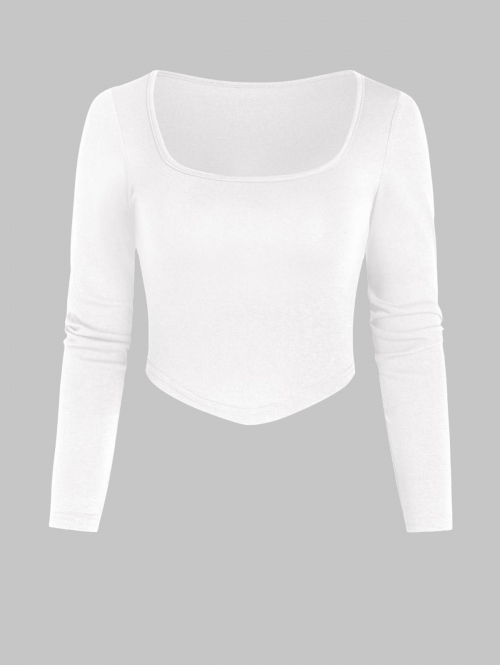 Fashion Women Tees Women U Neck Breathable Crop Top Curved Hem Stretch Long Sleeves Slim fit Versatile Shirt L White