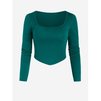 Fashion Women Tees Women U Neck Breathable Crop Top Curved Hem Stretch Long Sleeves Slim fit Versatile Shirt L Deep green