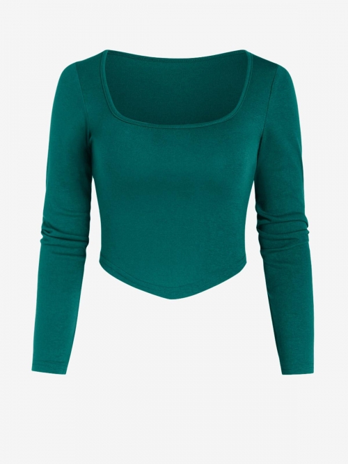 Fashion Women Tees Women U Neck Breathable Crop Top Curved Hem Stretch Long Sleeves Slim fit Versatile Shirt L Deep green