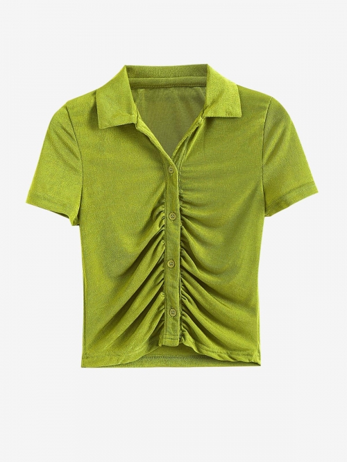 Fashion Women Tees Ruched Short Sleeve Crop Top S Green