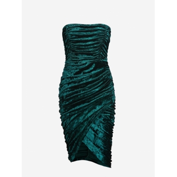 Mini Dress ZAFUL Ruched Crushed Velvet Tube Tulip Dress M Deep green