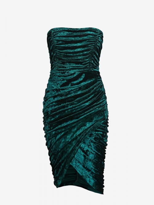 Mini Dress ZAFUL Ruched Crushed Velvet Tube Tulip Dress M Deep green