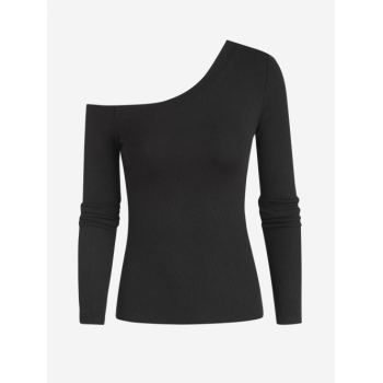 Fashion Women Tees Skew Collar Long Sleeve Solid Tee L Black