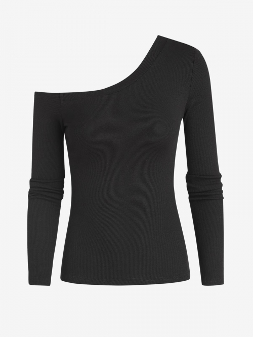 Fashion Women Tees Skew Collar Long Sleeve Solid Tee L Black