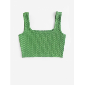 Women Tank Tops ZAFUL Honeycomb Textured U Neck Crop Tank Top L Deep green