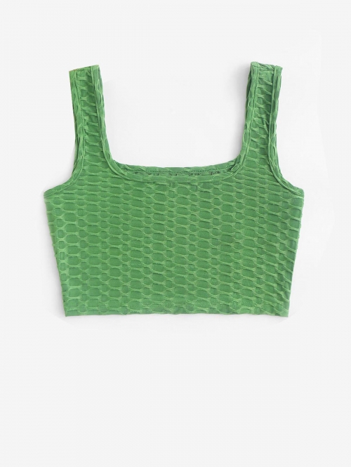 Women Tank Tops ZAFUL Honeycomb Textured U Neck Crop Tank Top L Deep green