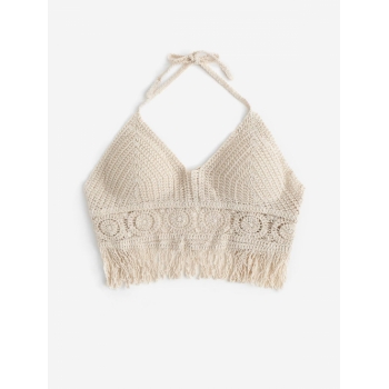 Women Tank Tops Bohemian Halter Fringed Trim Crochet Knit Beachwear Summer Breathing Boho Festival Bralette Top Light coffee