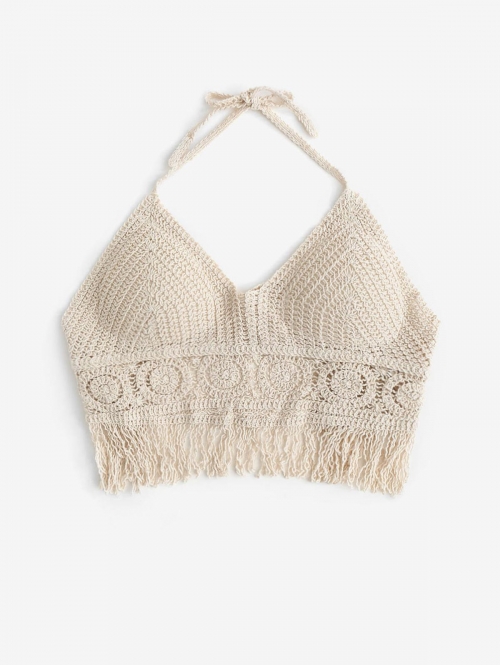 Women Tank Tops Bohemian Halter Fringed Trim Crochet Knit Beachwear Summer Breathing Boho Festival Bralette Top Light coffee