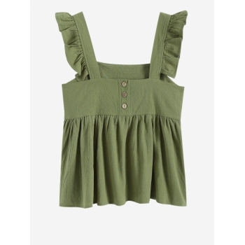 Women Tank Tops Ruffled Button Back Square Tank Top S Green