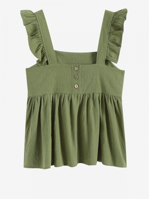 Women Tank Tops Ruffled Button Back Square Tank Top S Green