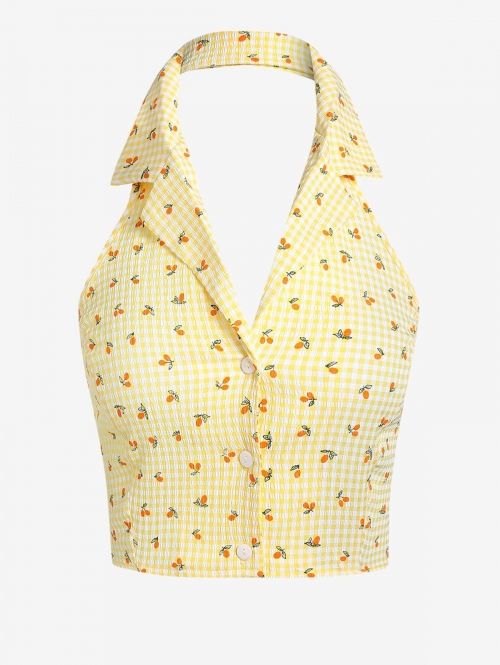 Women Tank Tops ZAFUL Lapel Smocked Back Gingham Fruit Open Back Tank Top M Light yellow