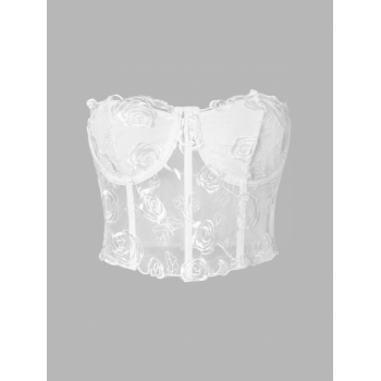 Women Tank Tops Sexy Corset-style Strapless Lace Bustier Tube See Through Figure-hugging Crop Top S White