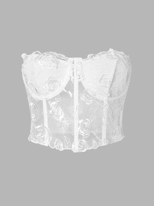 Women Tank Tops Sexy Corset-style Strapless Lace Bustier Tube See Through Figure-hugging Crop Top S White