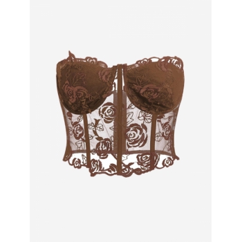 Women Tank Tops Sexy Corset-style Strapless Lace Bustier Tube See Through Figure-hugging Crop Top L Coffee