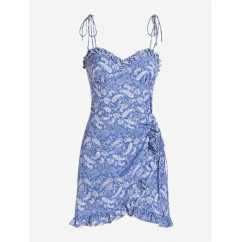 Print Paisley Print Tie Shoulder Ruffled Dress L Blue