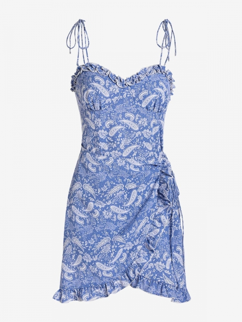 Print Paisley Print Tie Shoulder Ruffled Dress L Blue