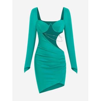 Mini Dress Monowire Cut Out Ruched Asymmetrical Mini Dress L Green