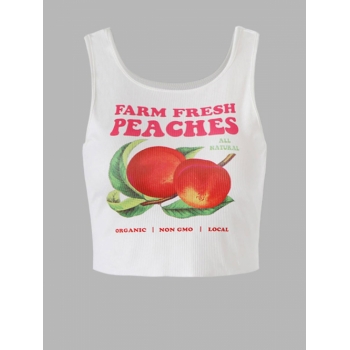 Women Tank Tops Peaches Letter Print Sleeveless Round Collar High Stretch Crop Summer Tank Top S White