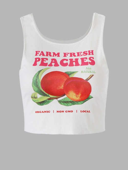 Women Tank Tops Peaches Letter Print Sleeveless Round Collar High Stretch Crop Summer Tank Top L White