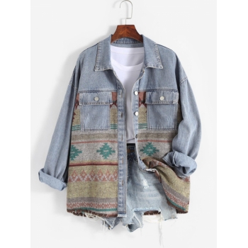 Women Fall Long Sleeves Ethnic Aztec Printed Denim Panel Loose Outdoor Jacket L Multi a