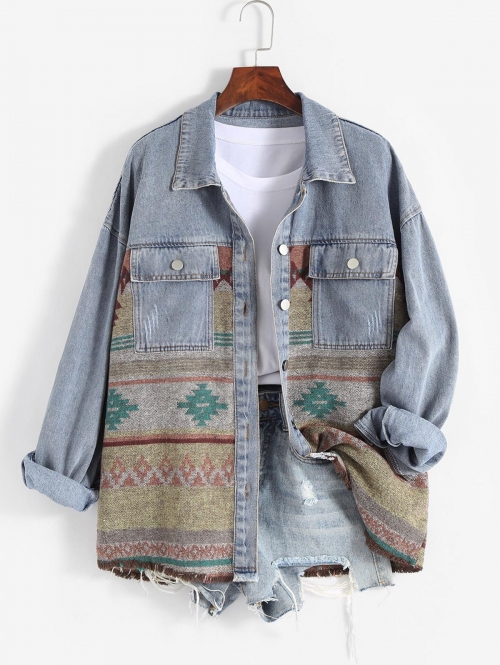 Women Fall Long Sleeves Ethnic Aztec Printed Denim Panel Loose Outdoor Jacket L Multi a