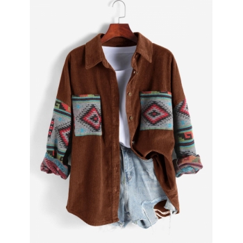 Women Ethnic Aztec Corduroy Shacket Fall&Winter Long Sleeves Drop Shoulder Fleece Lined Printed  Outfit Button up Jacket Shirt L Coffee