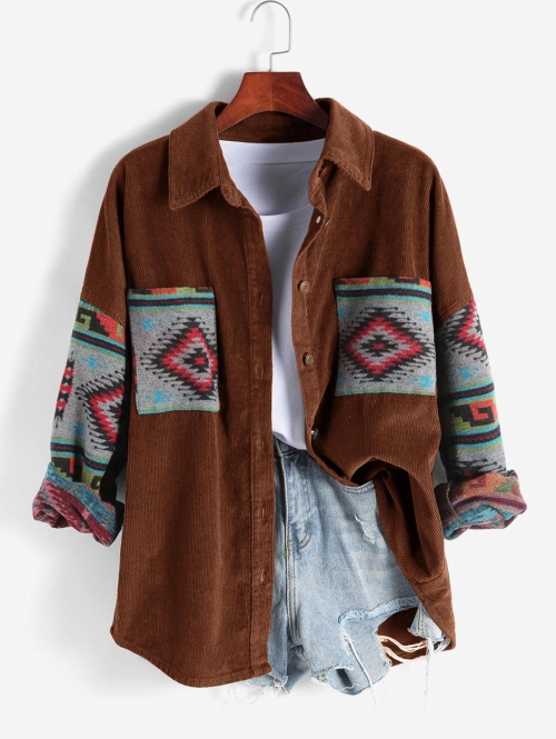 Women Ethnic Aztec Corduroy Shacket Fall&Winter Long Sleeves Drop Shoulder Fleece Lined Printed  Outfit Button up Jacket Shirt L Coffee