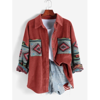 Women Ethnic Aztec Corduroy Shacket Fall&Winter Long Sleeves Drop Shoulder Fleece Lined Printed  Outfit Button up Jacket Shirt L Red