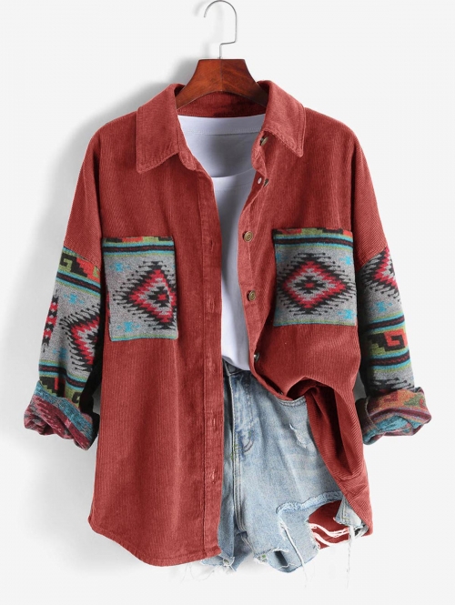 Women Ethnic Aztec Corduroy Shacket Fall&Winter Long Sleeves Drop Shoulder Fleece Lined Printed  Outfit Button up Jacket Shirt L Red