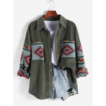 Women Ethnic Aztec Corduroy Shacket Fall&Winter Long Sleeves Drop Shoulder Fleece Lined Printed  Outfit Button up Jacket Shirt L Green