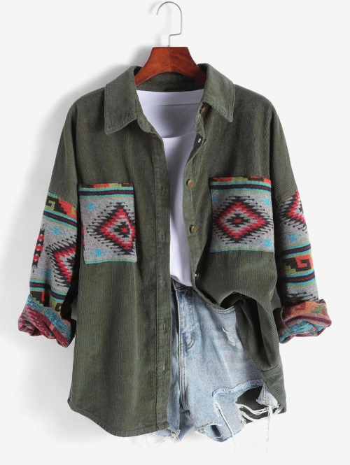 Women Ethnic Aztec Corduroy Shacket Fall&Winter Long Sleeves Drop Shoulder Fleece Lined Printed  Outfit Button up Jacket Shirt L Green