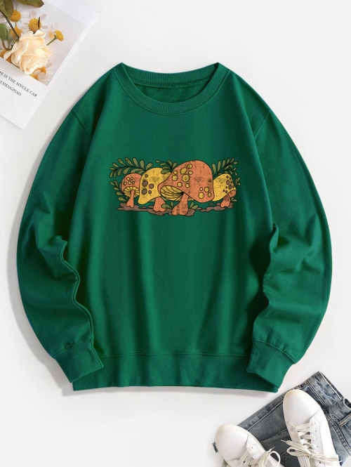 Women Hoodies Mushroom Print Pullover Sweatshirt M Deep green