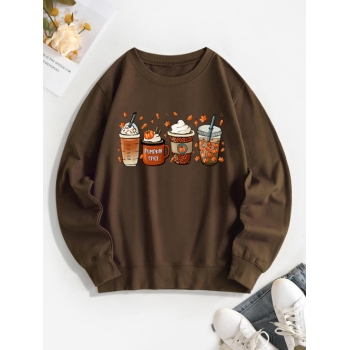 Women Hoodies Halloween Pumpkin Cups Graphic Sweatshirt L Deep coffee