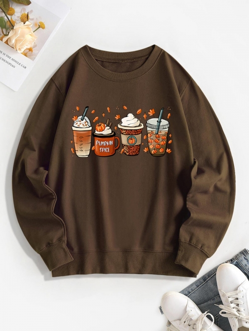 Women Hoodies Halloween Pumpkin Cups Graphic Sweatshirt L Deep coffee