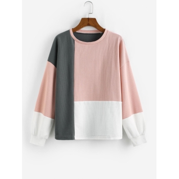 Women Hoodies Colorblock Textured Loose Sweatshirt M