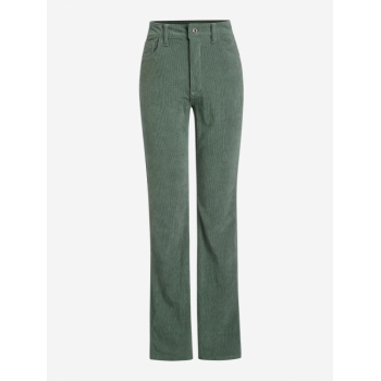 Corduroy High Waisted Letter Patched Straight Pants M Deep green