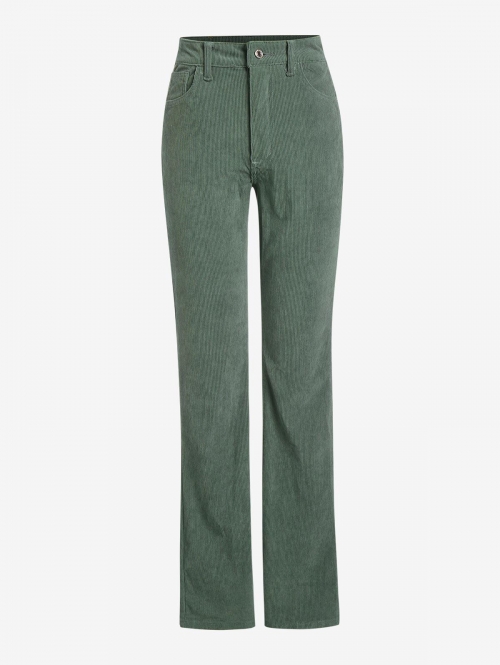 Corduroy High Waisted Letter Patched Straight Pants M Deep green