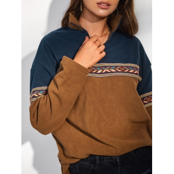 Women Hoodies ZAFUL Quarter Zip Colorblock Jacquard Fleece Sweatshirt Xl Coffee