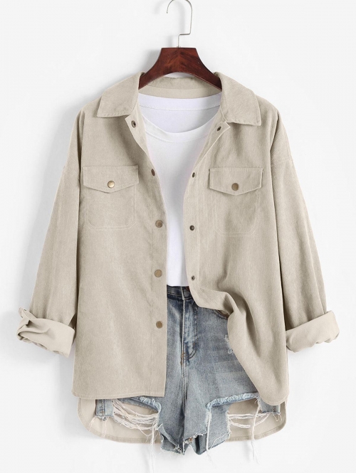 ZAFUL High Low Flap Details Corduroy Shacket Xl Light coffee