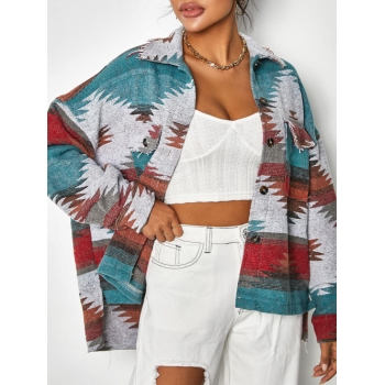 Ethnic Aztec Print Flap Pockets Button Up Jacket L