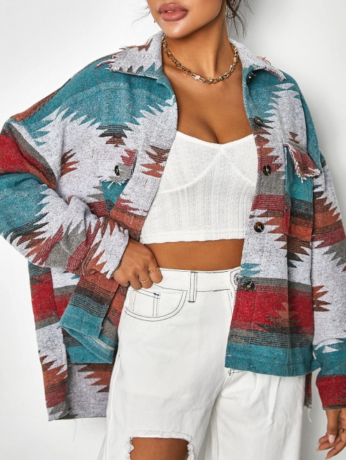 Ethnic Aztec Print Flap Pockets Button Up Jacket L