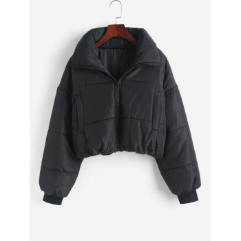 Zip Up Pockets Puffer Padded Coat L Black