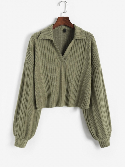 Women Marled Loose Polo Knitwear L Green