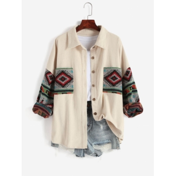 Women Ethnic Aztec Corduroy Shacket Fall&Winter Long Sleeves Drop Shoulder Fleece Lined Printed  Outfit Button up Jacket Shirt L Light coffee