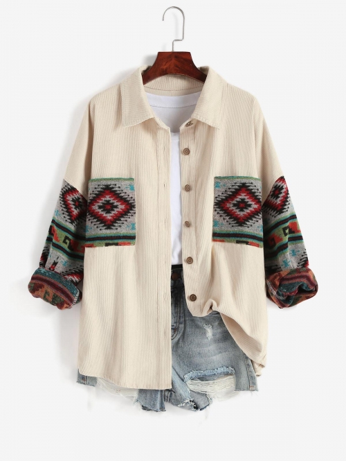 Women Ethnic Aztec Corduroy Shacket Fall&Winter Long Sleeves Drop Shoulder Fleece Lined Printed  Outfit Button up Jacket Shirt L Light coffee